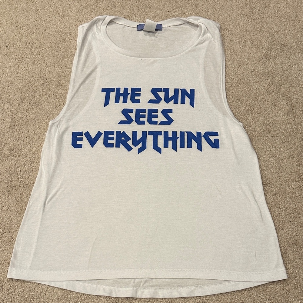 Graphic White Tank Top with Blue Text